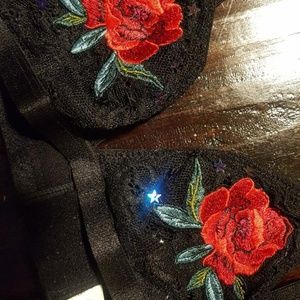 Red Rose, star sequin, Black Lace Bralette